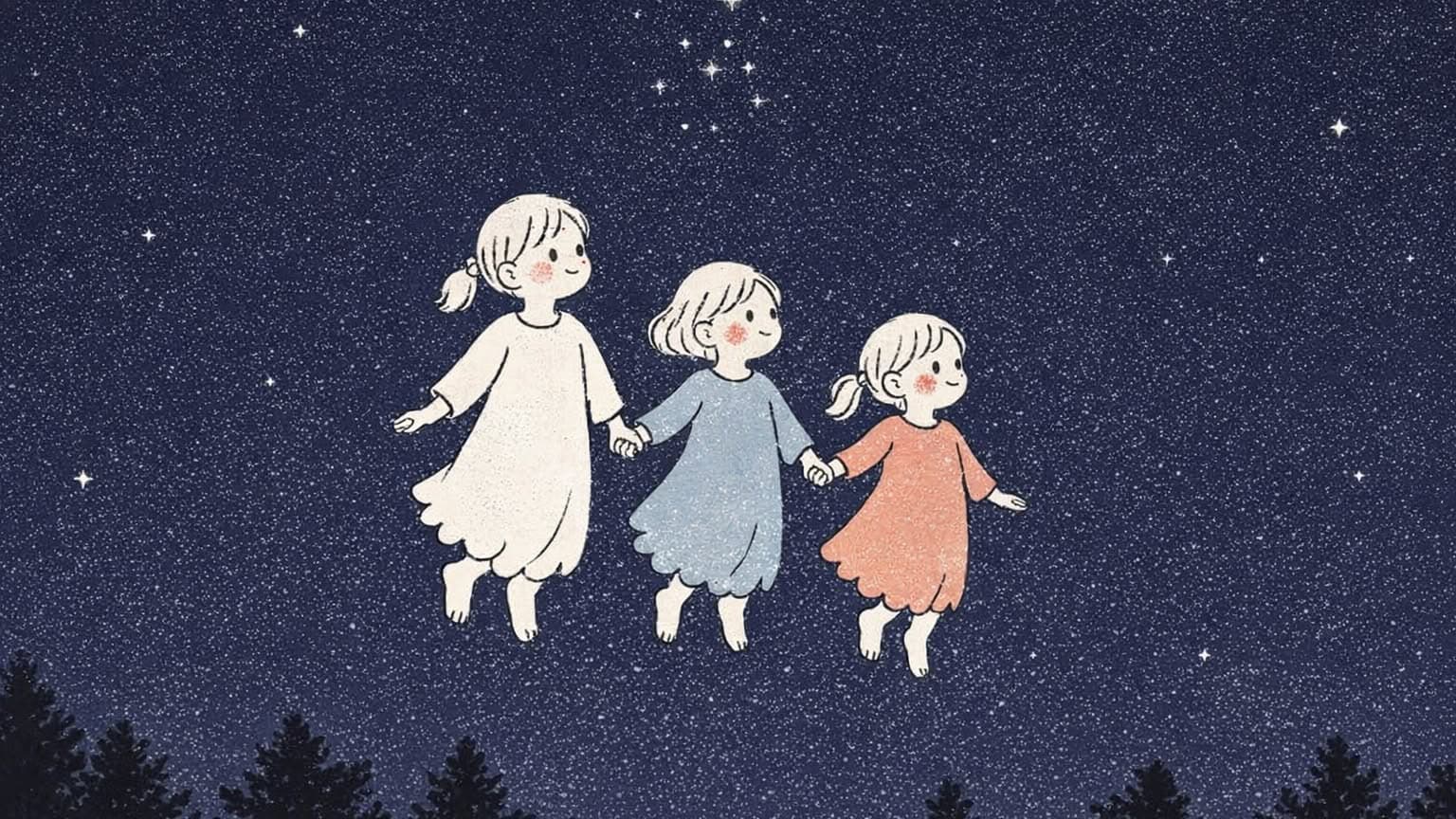 手をつないだ姉妹たちが木立の上空へ舞い上がり星になるプレアデス神話の一場面イラスト