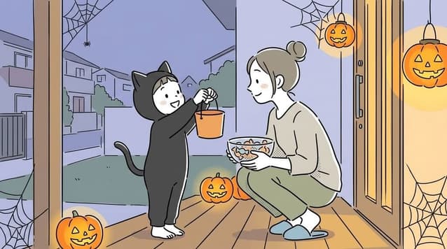 Child in a black cat costume hands a small orange bucket to a smiling woman on a Halloween-decorated porch with jack-o'-lanterns.