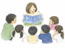 絵本の読み聞かせを聞く子どもたちを描いた水彩風イラスト