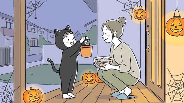 Child in a black cat costume hands a small orange bucket to a smiling woman on a Halloween-decorated porch with jack-o'-lanterns.