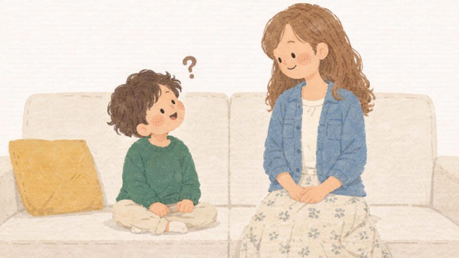 「サンタさんはいるの?」と尋ねる子どもと向き合う母親のイメージ
